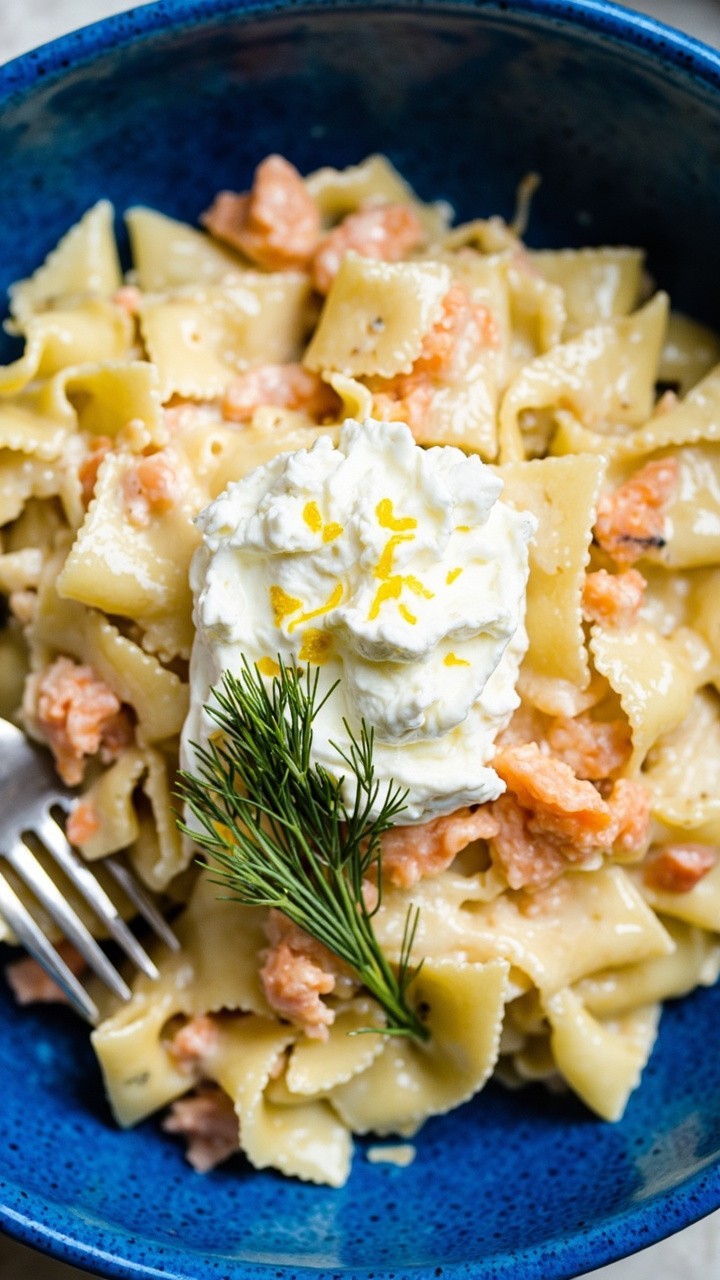 Bowtie pasta in a creamy white sauce, flakes of pink salmon throughout, and a spoonful of whipped ricotta on top. Finished with lemon zest and dill, served in a blue ceramic bowl. Bowtie pasta in a creamy white sauce, flakes of pink salmon throughout, and a spoonful of whipped ricotta on top. Finished with lemon zest and dill, served in a blue ceramic bowl.