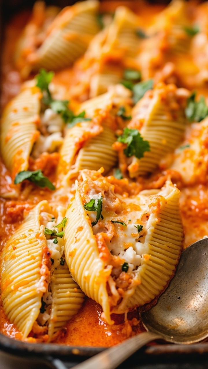 Jumbo pasta shells nestled side by side in a baking dish, stuffed with creamy crab filling, covered in a pink tomato-cream sauce with a bubbly cheese top. A sprinkle of parsley and a silver spoon beside. Jumbo pasta shells nestled side by side in a baking dish, stuffed with creamy crab filling, covered in a pink tomato-cream sauce with a bubbly cheese top. A sprinkle of parsley and a silver spoon beside.