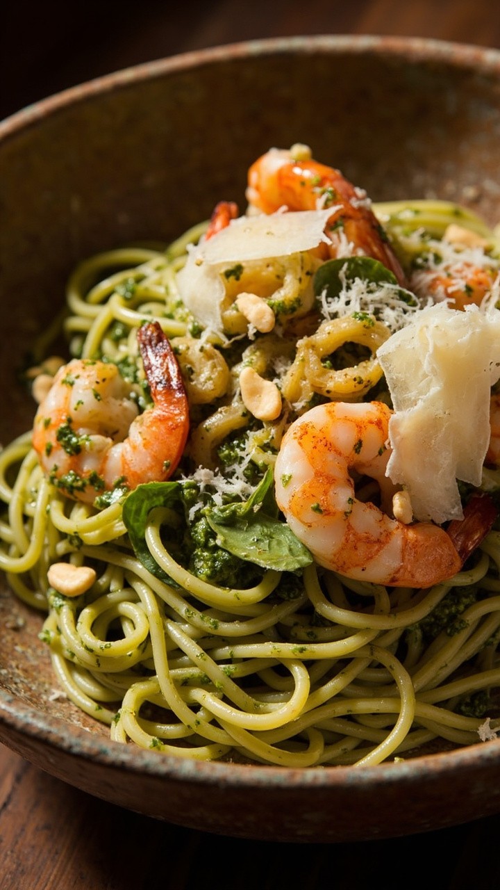 A bowl of linguine loosely twisted in a green creamy pesto sauce, generously topped with shrimp and calamari rings, a handful of pine nuts, and grated Parmesan over the top. A bowl of linguine loosely twisted in a green creamy pesto sauce, generously topped with shrimp and calamari rings, a handful of pine nuts, and grated Parmesan over the top.