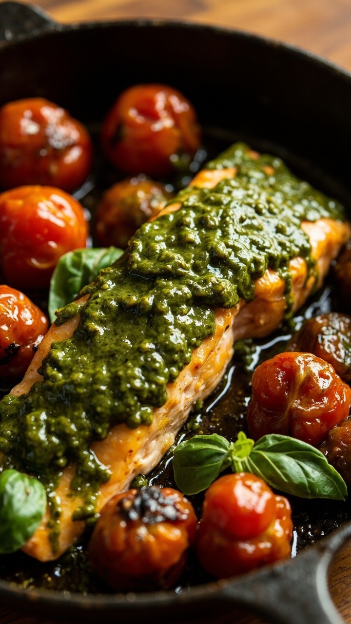 Bright green pesto-glazed salmon fillets with roasted cherry tomatoes blistered on the vine. Served in a small skillet, finished with a little extra pesto drizzled on top. Bright green pesto-glazed salmon fillets with roasted cherry tomatoes blistered on the vine. Served in a small skillet, finished with a little extra pesto drizzled on top.