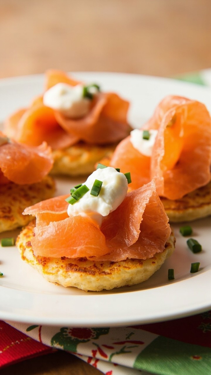 Petite potato pancakes topped with small curls of smoked salmon, a generous spoonful of crème fraîche, and a few chive pieces, arranged on a white plate with a festive napkin underneath. Petite potato pancakes topped with small curls of smoked salmon, a generous spoonful of crème fraîche, and a few chive pieces, arranged on a white plate with a festive napkin underneath.