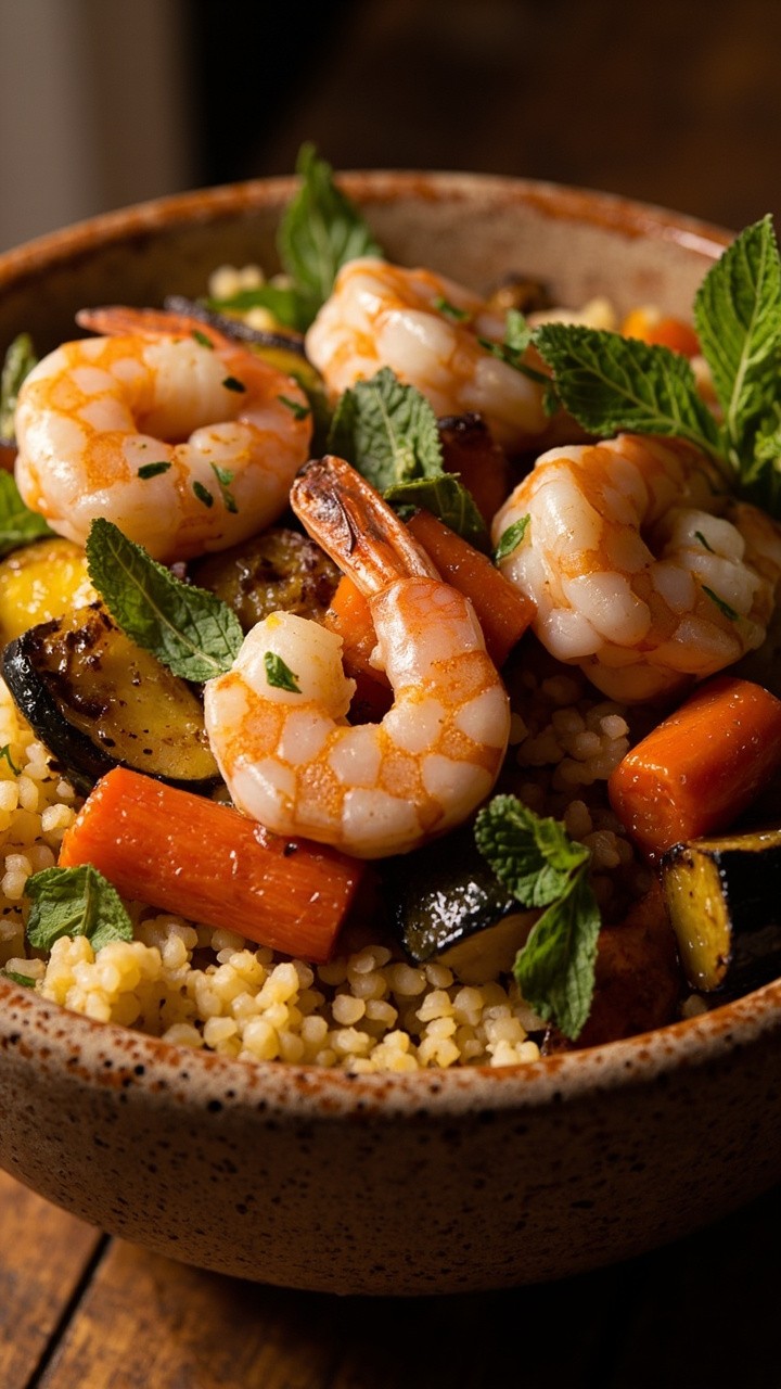 A rustic ceramic bowl layered with golden couscous, fork-tender garlicky shrimp, jewel-toned roasted carrots and zucchini, scattered with fresh mint leaves. A rustic ceramic bowl layered with golden couscous, fork-tender garlicky shrimp, jewel-toned roasted carrots and zucchini, scattered with fresh mint leaves.