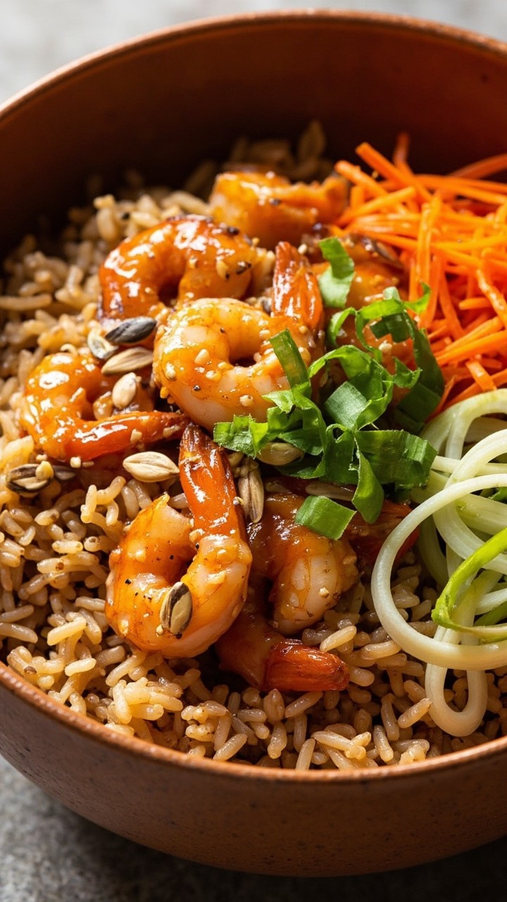 A deep, wide bowl of nutty brown rice, topped with sticky honey garlic shrimp, crispy shredded carrots, and sliced green onions, seeds scattered for crunch. A deep, wide bowl of nutty brown rice, topped with sticky honey garlic shrimp, crispy shredded carrots, and sliced green onions, seeds scattered for crunch.