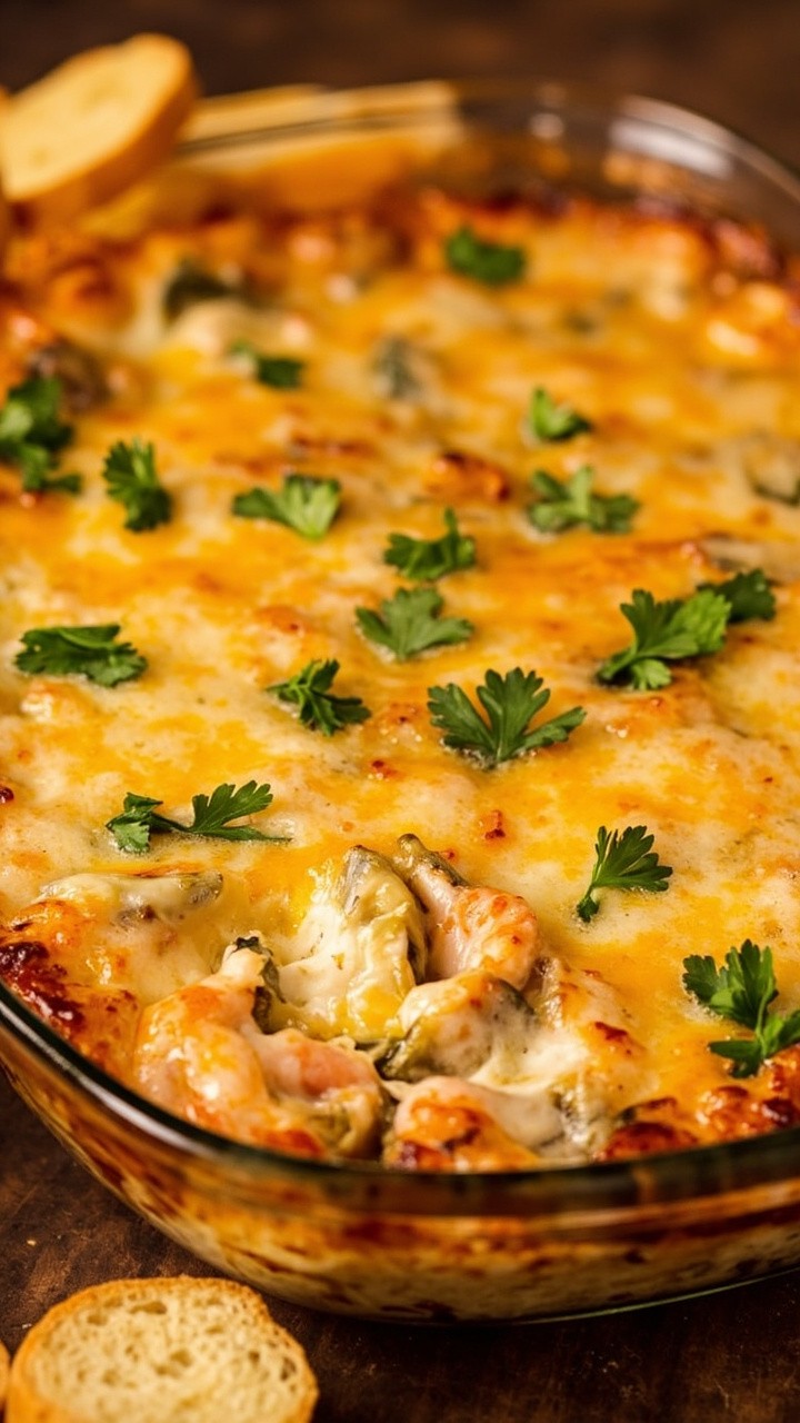 A glass baking dish of baked dip bubbling at the edges, chunks of shrimp and green artichoke folded throughout, topped with golden melted Parmesan and scattered parsley, served with slices of baguette.