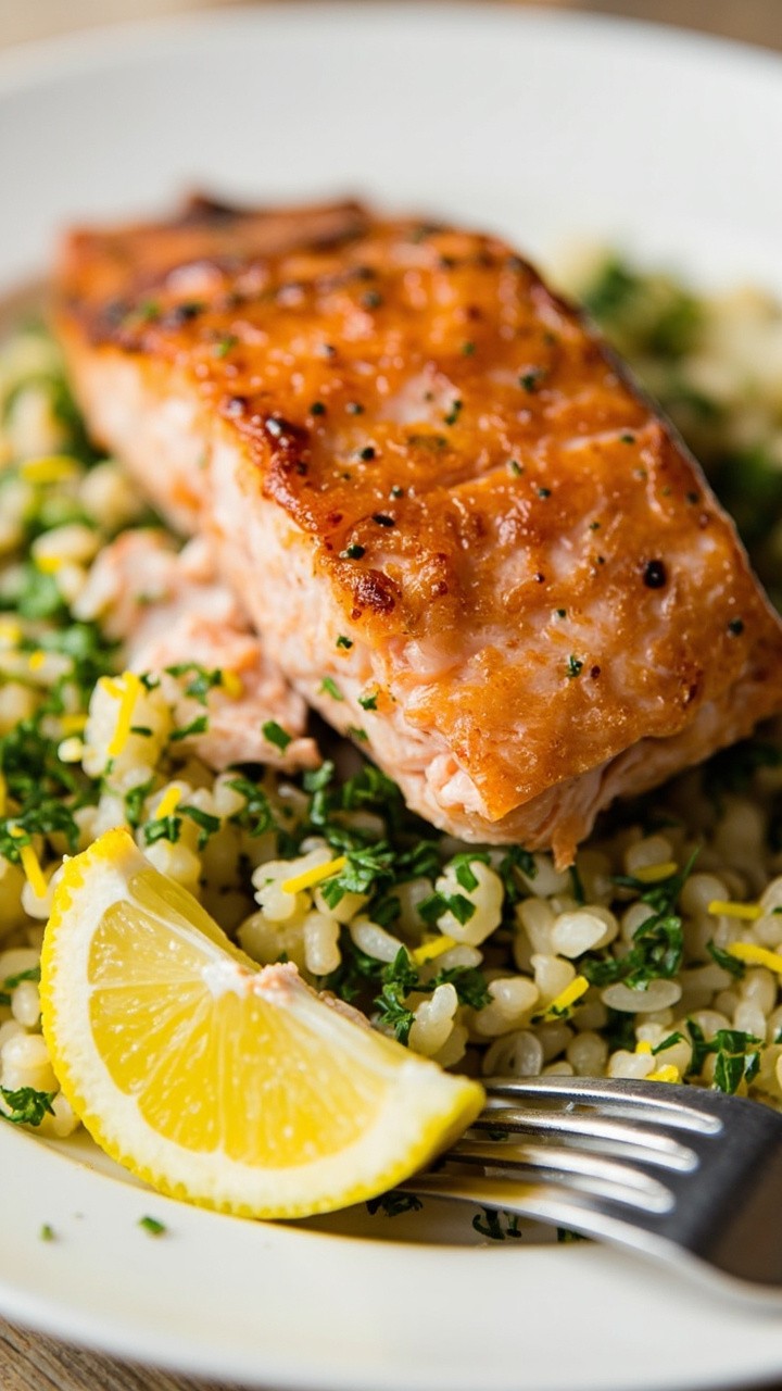 Crispy-skinned salmon fillet atop a bed of herbed couscous, sparkling with flecks of parsley and lemon zest. Presented on a matte white plate with a fork ready and a lemon wedge nearby. Crispy-skinned salmon fillet atop a bed of herbed couscous, sparkling with flecks of parsley and lemon zest. Presented on a matte white plate with a fork ready and a lemon wedge nearby.