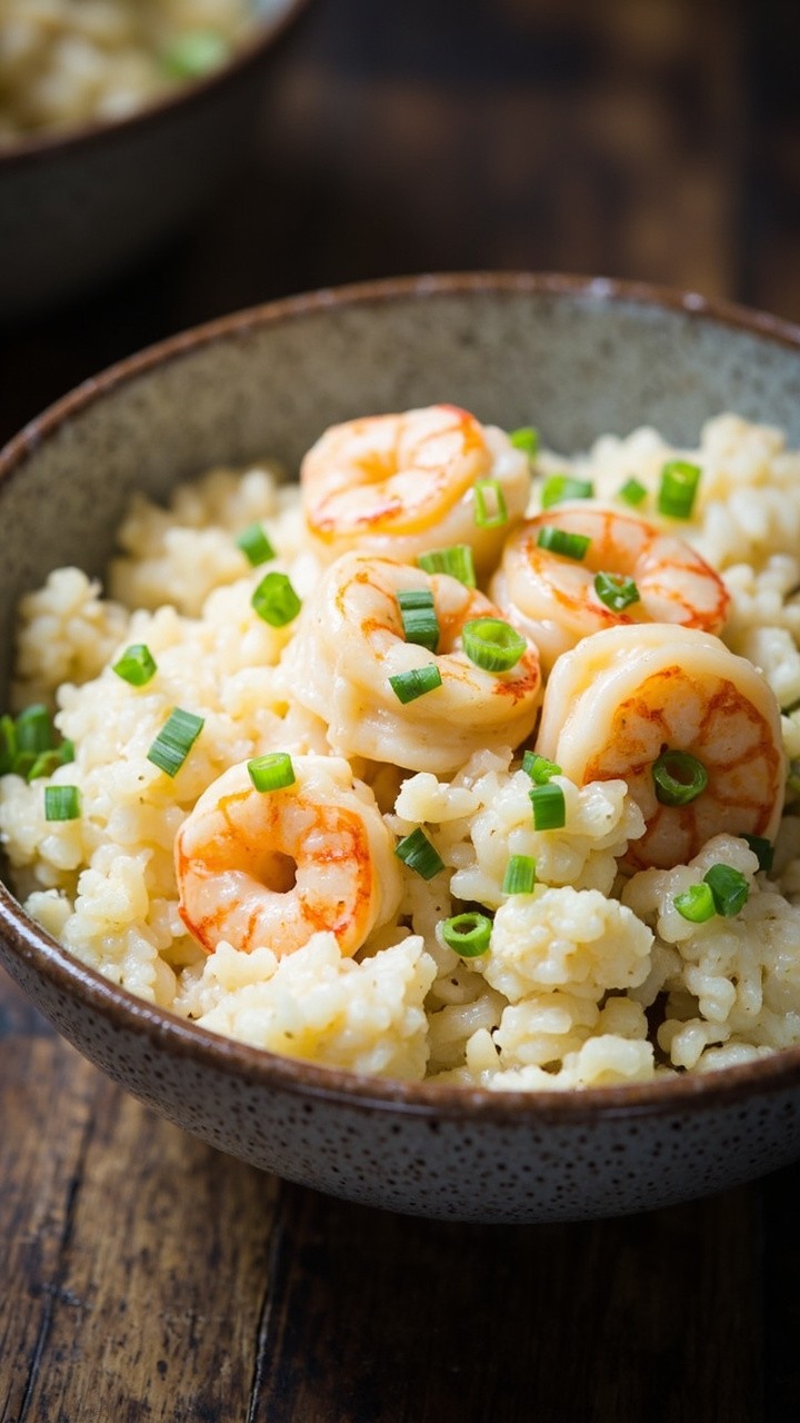 A speckled grey bowl of fluffy cauliflower rice, garlicky shrimp in a glossy, pale cream sauce, and chopped chives for color. A speckled grey bowl of fluffy cauliflower rice, garlicky shrimp in a glossy, pale cream sauce, and chopped chives for color.