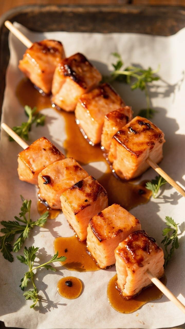 Short wooden skewers threaded with salmon cubes, glazed and caramelized until golden, served on a parchment-lined tray with a scattering of parsley and tiny maple syrup drizzle on the side. Short wooden skewers threaded with salmon cubes, glazed and caramelized until golden, served on a parchment-lined tray with a scattering of parsley and tiny maple syrup drizzle on the side.