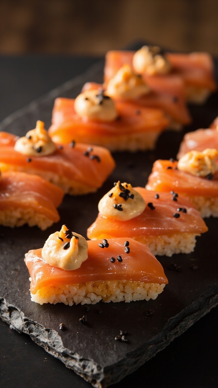 Small rectangular rice cakes crisped golden on one side, each with a piece of glossy salmon sashimi, a swipe of spicy mayo, and black sesame seeds sprinkled on top, arrayed neatly on a slate board. Small rectangular rice cakes crisped golden on one side, each with a piece of glossy salmon sashimi, a swipe of spicy mayo, and black sesame seeds sprinkled on top, arrayed neatly on a slate board.