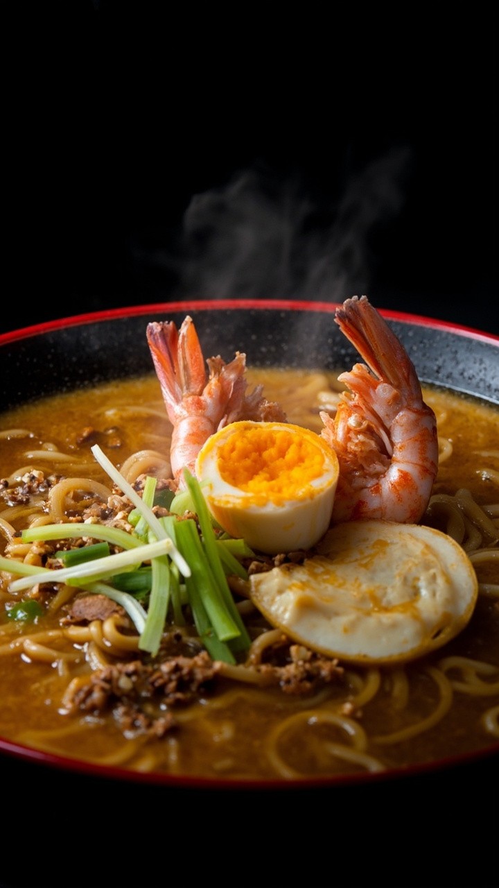 A steaming bowl of ramen noodles in bright broth, crowned with glossy garlic shrimp, a jammy soft-boiled egg, scallions, and a sprinkle of sesame seeds. A steaming bowl of ramen noodles in bright broth, crowned with glossy garlic shrimp, a jammy soft-boiled egg, scallions, and a sprinkle of sesame seeds.