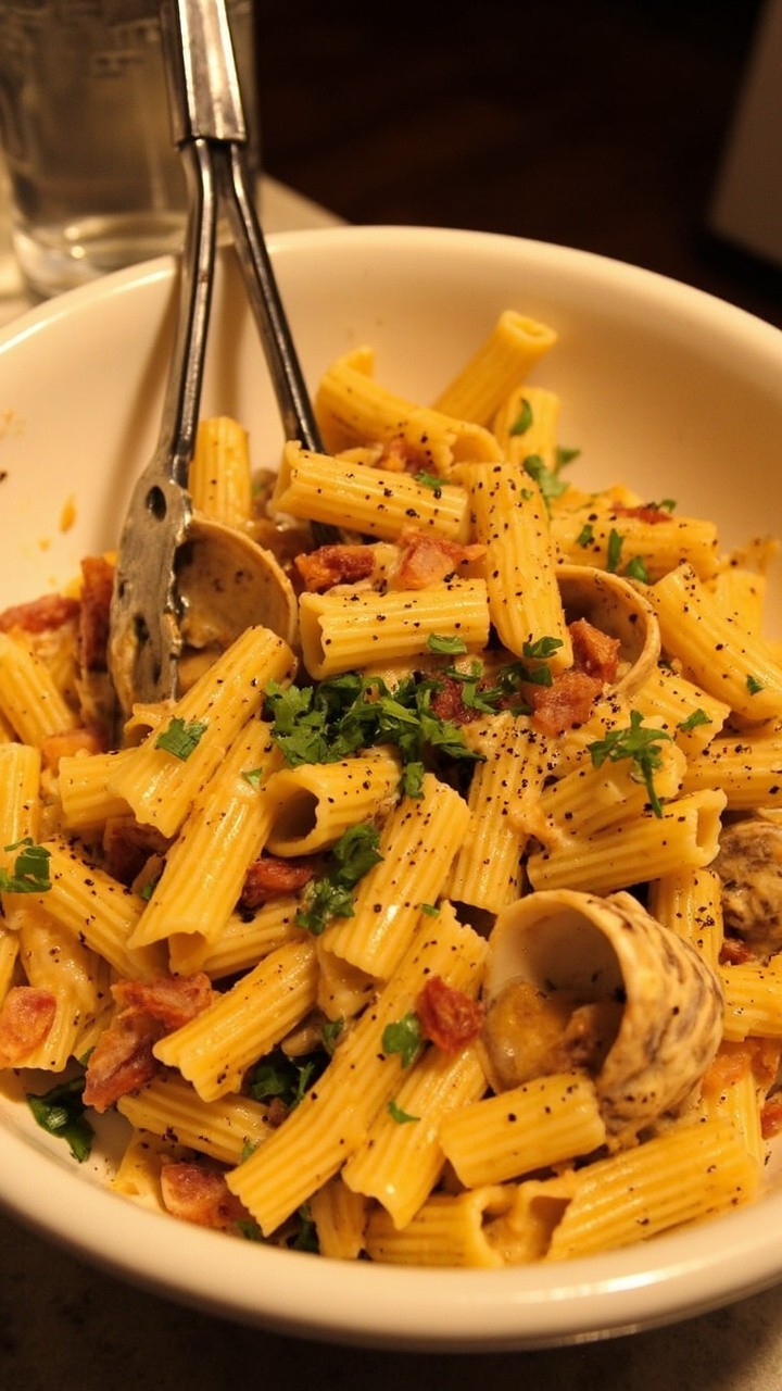 Big, ridged rigatoni tubes coated in creamy sauce, pieces of crispy bacon and steamed clams scattered through, garnished with chopped parsley and cracked pepper. Served in a large, shallow bowl with tongs on the side. Big, ridged rigatoni tubes coated in creamy sauce, pieces of crispy bacon and steamed clams scattered through, garnished with chopped parsley and cracked pepper. Served in a large, shallow bowl with tongs on the side.