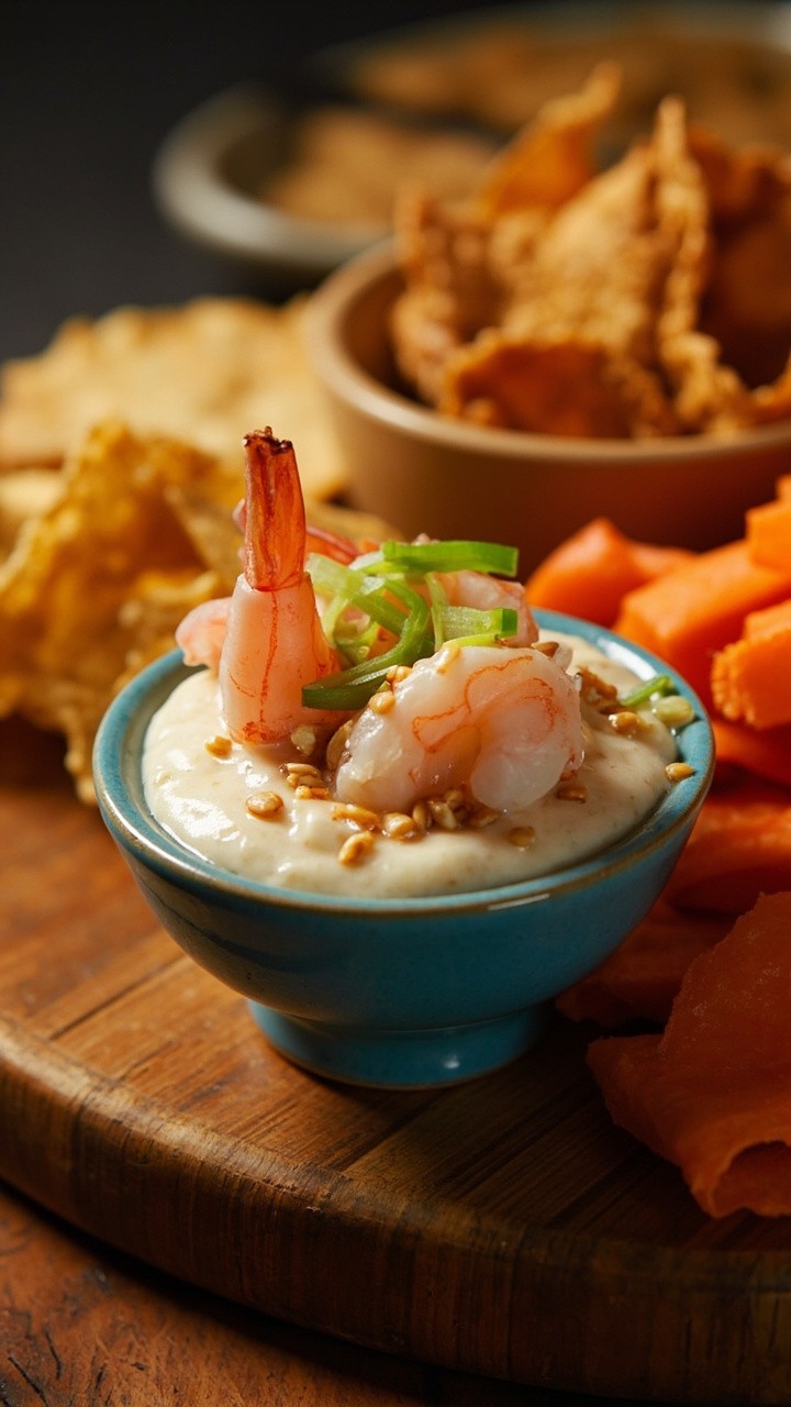 A small blue bowl filled with pale, creamy dip, topped with shrimp, sesame seeds, and sliced green onions, served with crispy wonton chips and carrot sticks on a bamboo board.