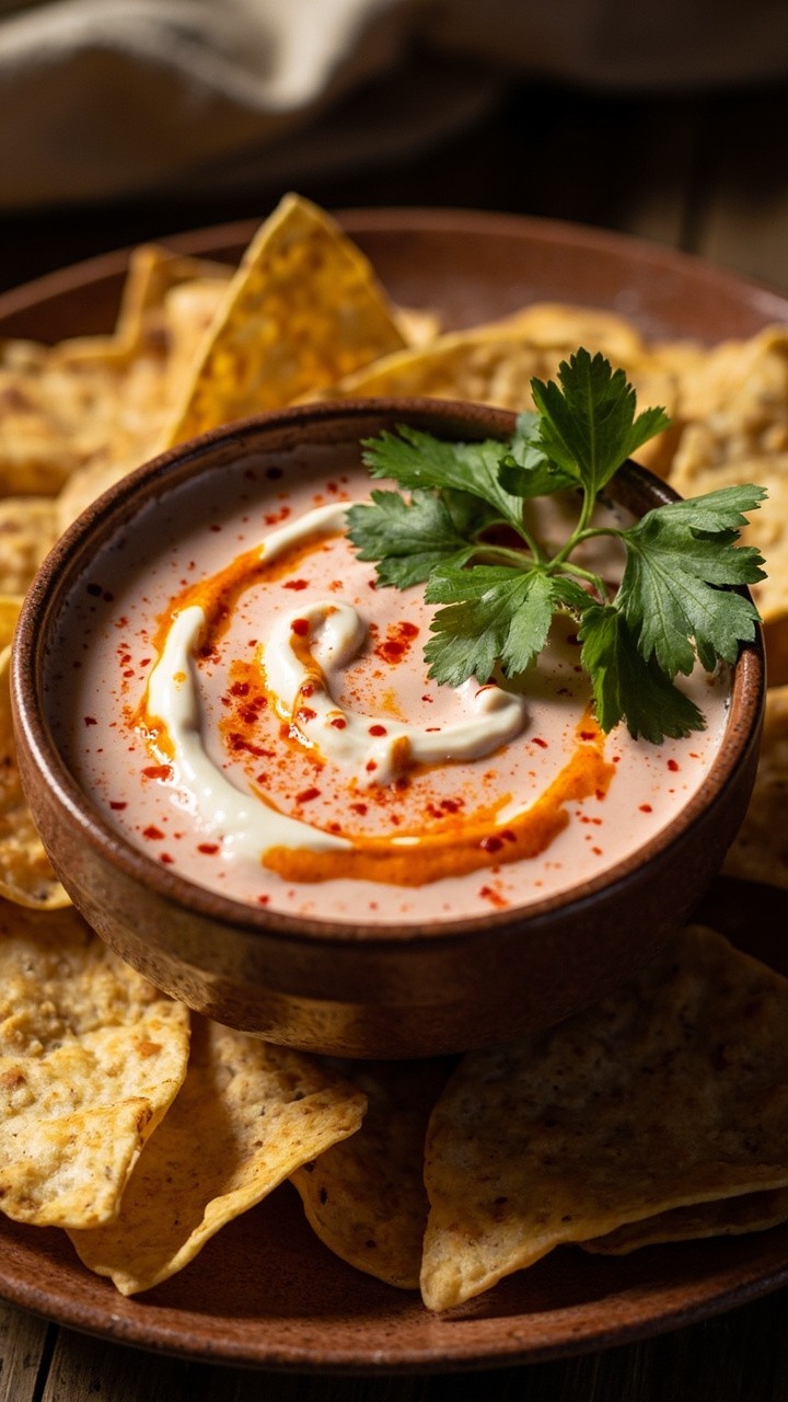 A stoneware bowl filled with pale pink dip flecked with red sriracha, topped with a swirl of sauce and sprigs of cilantro, with tortilla chips fanned out around the bowl.