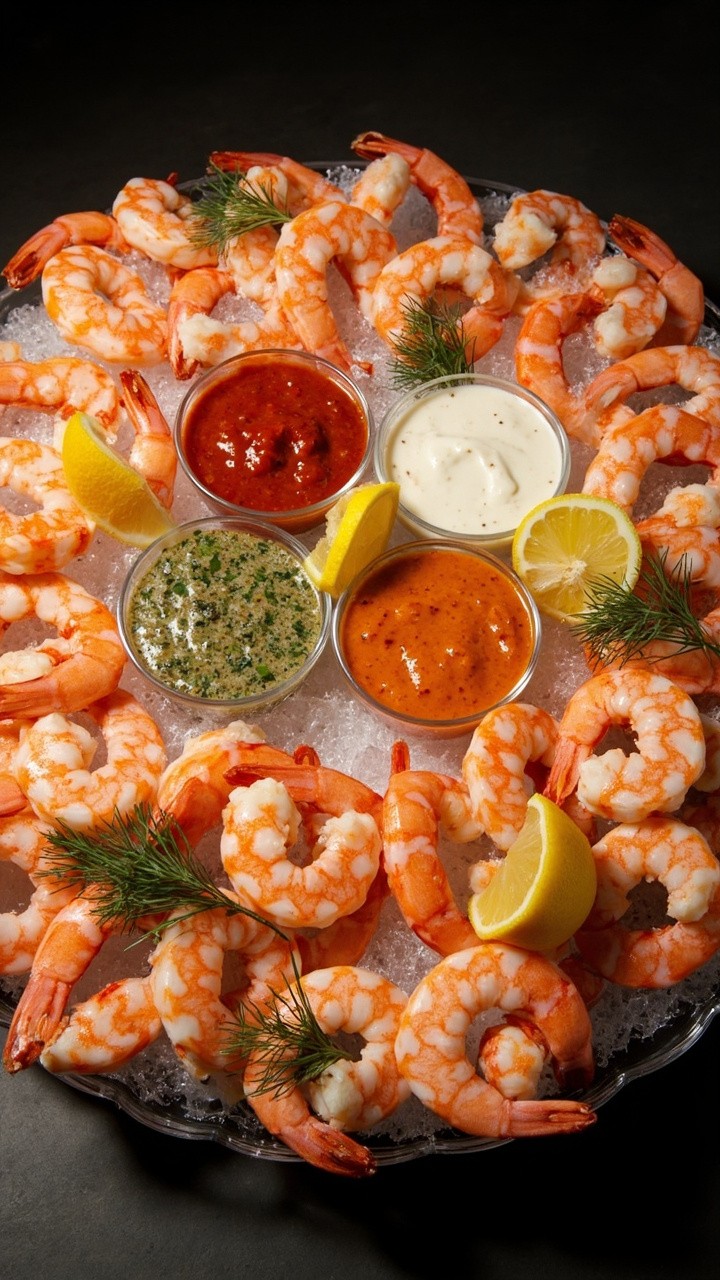 Chilled jumbo shrimp curled in a circular pattern on a glass platter of crushed ice, centered by three small bowls of cocktail sauce, herbed aioli, and spicy remoulade, garnished with lemon wheels and dill sprigs. Chilled jumbo shrimp curled in a circular pattern on a glass platter of crushed ice, centered by three small bowls of cocktail sauce, herbed aioli, and spicy remoulade, garnished with lemon wheels and dill sprigs.