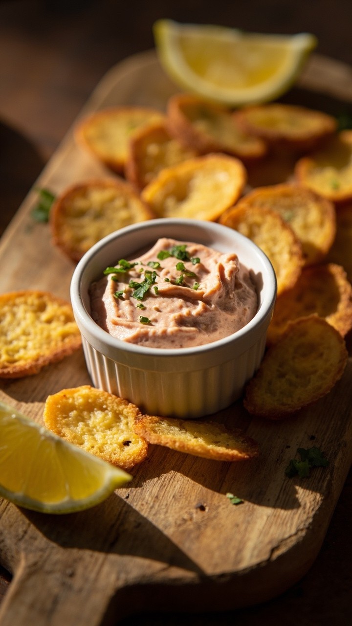 Small ramekin of pinkish salmon rillettes surrounded by golden toast rounds, with flecks of fresh herbs and wedges of lemon around the board. Small ramekin of pinkish salmon rillettes surrounded by golden toast rounds, with flecks of fresh herbs and wedges of lemon around the board.