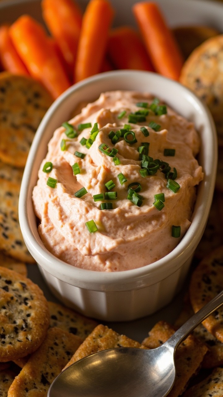 A small ceramic dish bubbling with creamy, pink-tinged salmon dip, surrounded by a ring of seedy crackers and carrot sticks, with a sprinkle of chives on top and a serving spoon nearby. A small ceramic dish bubbling with creamy, pink-tinged salmon dip, surrounded by a ring of seedy crackers and carrot sticks, with a sprinkle of chives on top and a serving spoon nearby.