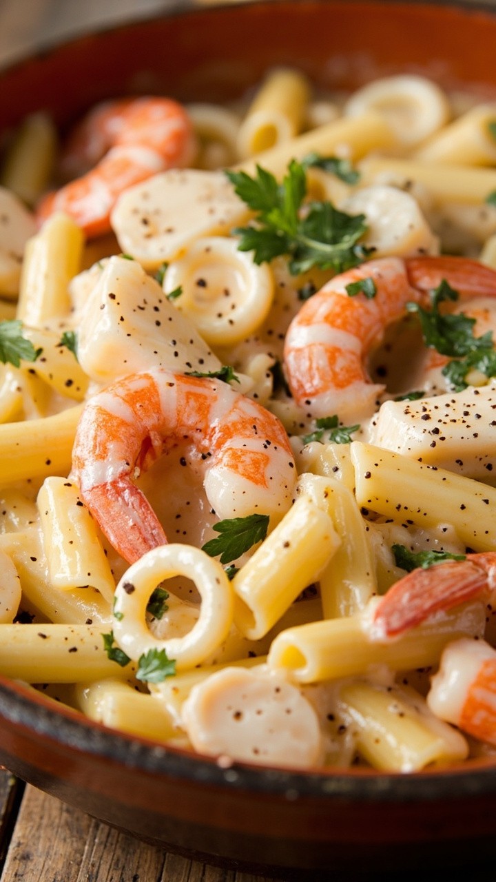 Short penne pasta covered in pale creamy sauce, studded with shrimp, calamari rings, and bits of white fish. Topped with chopped parsley and freshly ground pepper, served in a family-style ceramic dish. Short penne pasta covered in pale creamy sauce, studded with shrimp, calamari rings, and bits of white fish. Topped with chopped parsley and freshly ground pepper, served in a family-style ceramic dish.