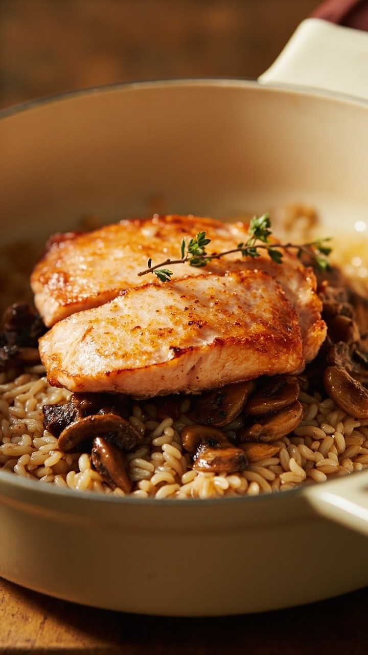 Flaky salmon pieces layered over a bed of wild rice with sautéed mushrooms and fresh thyme. Served in an ivory enameled skillet with a sprig of thyme on top. Flaky salmon pieces layered over a bed of wild rice with sautéed mushrooms and fresh thyme. Served in an ivory enameled skillet with a sprig of thyme on top.