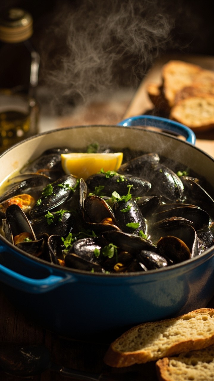 Steaming enamel pot filled with shiny black mussels, nestled in a clear, aromatic broth, garnished with chopped parsley and a few lemon wedges, served with country bread slices on the side. Steaming enamel pot filled with shiny black mussels, nestled in a clear, aromatic broth, garnished with chopped parsley and a few lemon wedges, served with country bread slices on the side.