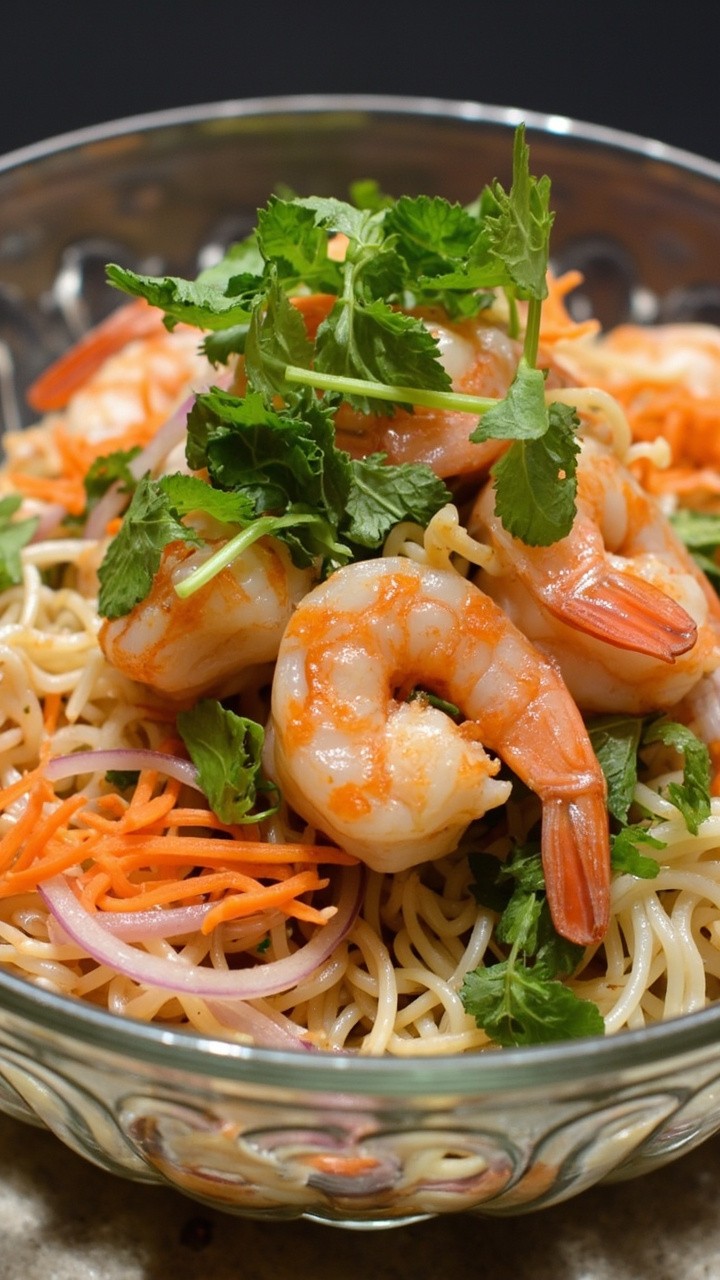 A glass bowl loaded with slippery rice noodles, a heap of garlic shrimp, torn cilantro and mint leaves, julienned carrots, and a tangle of red onion. A glass bowl loaded with slippery rice noodles, a heap of garlic shrimp, torn cilantro and mint leaves, julienned carrots, and a tangle of red onion.