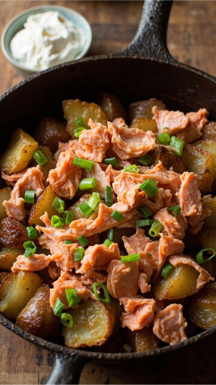 Chunky diced potatoes and flaky pink salmon tossed together in a golden-brown hash, bits of green scallion scattered on top. Served in a shallow dark skillet, with a side of sour cream ready for dolloping. Chunky diced potatoes and flaky pink salmon tossed together in a golden-brown hash, bits of green scallion scattered on top. Served in a shallow dark skillet, with a side of sour cream ready for dolloping.