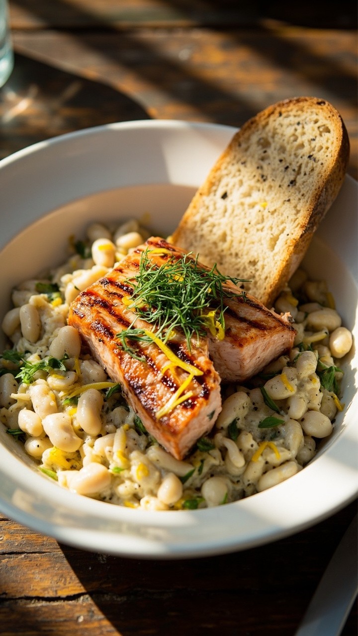 Salmon fillet on a bed of white beans, flecked with green dill and lemon zest. Served in a wide, shallow bowl, with crusty bread and a sprinkle of black pepper. Salmon fillet on a bed of white beans, flecked with green dill and lemon zest. Served in a wide, shallow bowl, with crusty bread and a sprinkle of black pepper.