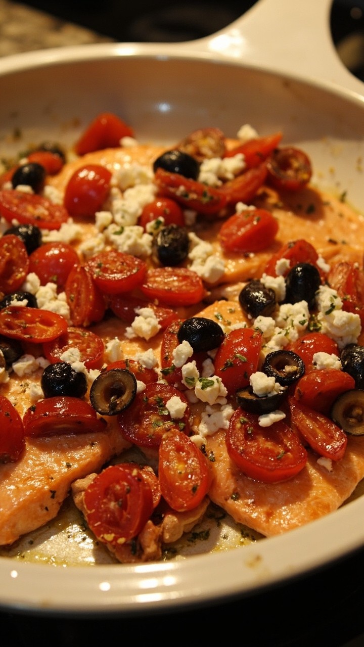 Salmon fillets topped with a chunky tomato, olive, and feta mixture. Everything broils to golden and is served in a white, wide skillet with oregano sprinkled on top. Salmon fillets topped with a chunky tomato, olive, and feta mixture. Everything broils to golden and is served in a white, wide skillet with oregano sprinkled on top.