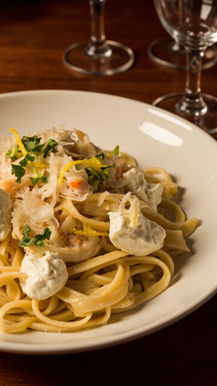 Tagliatelle noodles twisted neatly in a shallow bowl, creamy sauce clinging to each strand, with generous flakes of white crab meat and dollops of mascarpone. Garnished with fresh herbs and lemon zest. The table is set with wine glasses. Tagliatelle noodles twisted neatly in a shallow bowl, creamy sauce clinging to each strand, with generous flakes of white crab meat and dollops of mascarpone. Garnished with fresh herbs and lemon zest. The table is set with wine glasses.