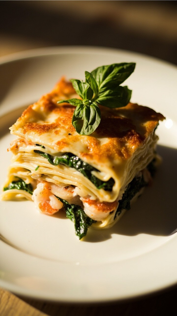 A slice of lasagna with visible layers of noodles, creamy béchamel, spinach, shrimp, and scallops, the top golden-brown. Served on a white plate with a sprig of basil. A slice of lasagna with visible layers of noodles, creamy béchamel, spinach, shrimp, and scallops, the top golden-brown. Served on a white plate with a sprig of basil.