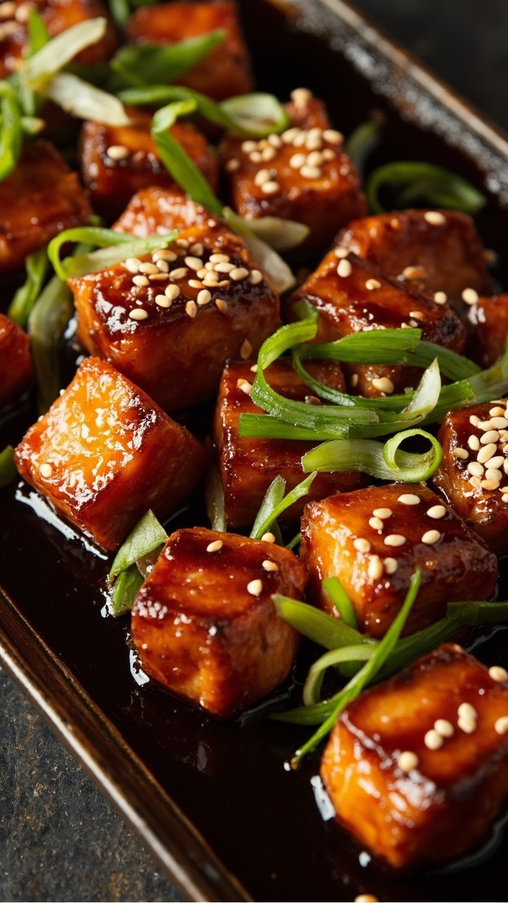 Chunky, glistening salmon belly cubes with caramelized edges, glossy with dark teriyaki glaze, sprinkled with sesame seeds and sliced scallions, served on a small rectangular serving tray. Chunky, glistening salmon belly cubes with caramelized edges, glossy with dark teriyaki glaze, sprinkled with sesame seeds and sliced scallions, served on a small rectangular serving tray.