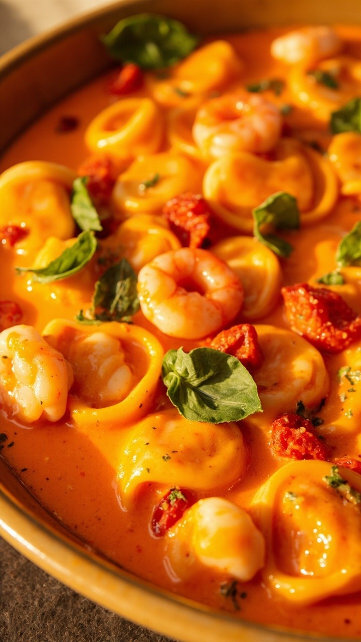 Pillowy tortellini covered in orange-pink cream sauce speckled with sun-dried tomatoes, loaded with mixed shrimp and scallop pieces. A sprinkle of basil leaves over the top, served in a large bowl for sharing. Pillowy tortellini covered in orange-pink cream sauce speckled with sun-dried tomatoes, loaded with mixed shrimp and scallop pieces. A sprinkle of basil leaves over the top, served in a large bowl for sharing.