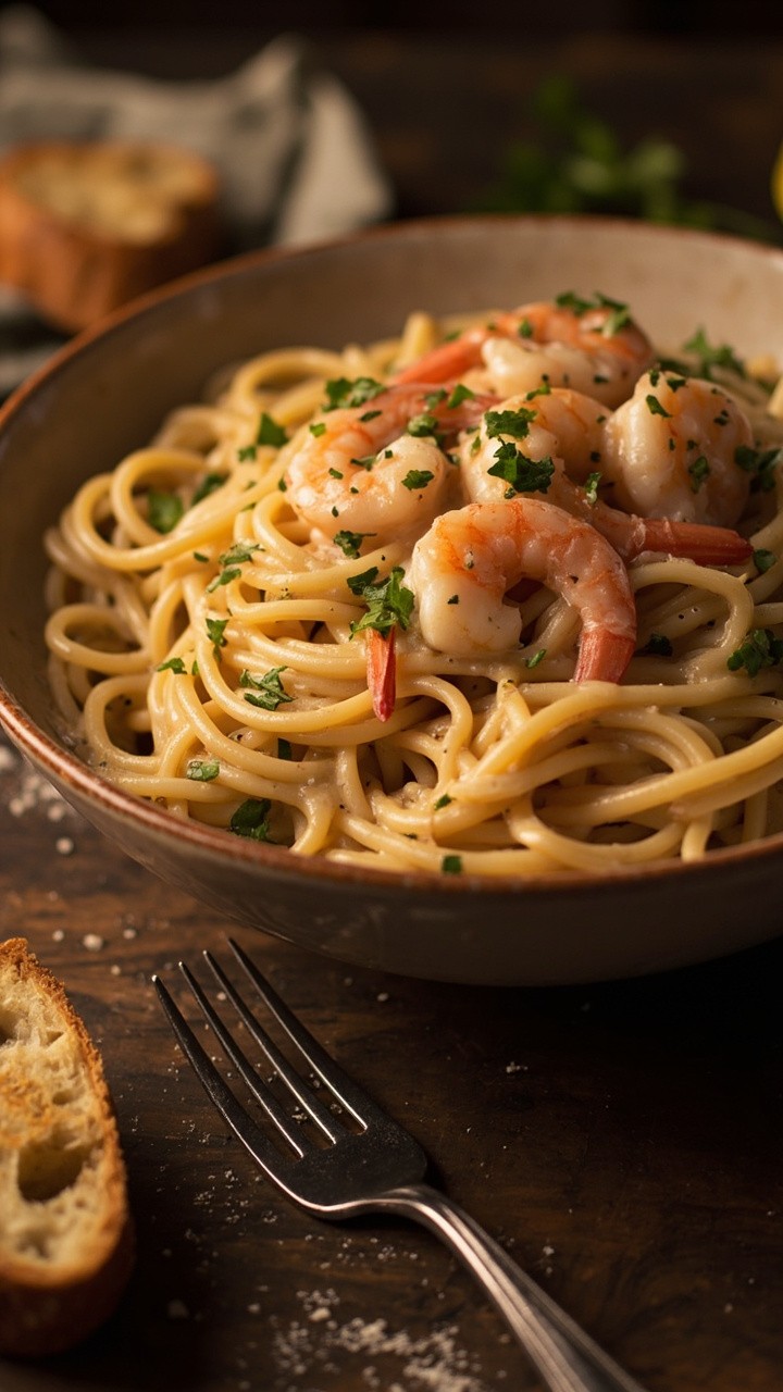 A deep bowl of linguine coated in a glossy cream sauce, plump pink shrimp scattered throughout with flecks of green parsley and slivers of sautéed garlic. Sliced baguette rests on the side of the bowl, and a fork is ready nearby. A deep bowl of linguine coated in a glossy cream sauce, plump pink shrimp scattered throughout with flecks of green parsley and slivers of sautéed garlic. Sliced baguette rests on the side of the bowl, and a fork is ready nearby.