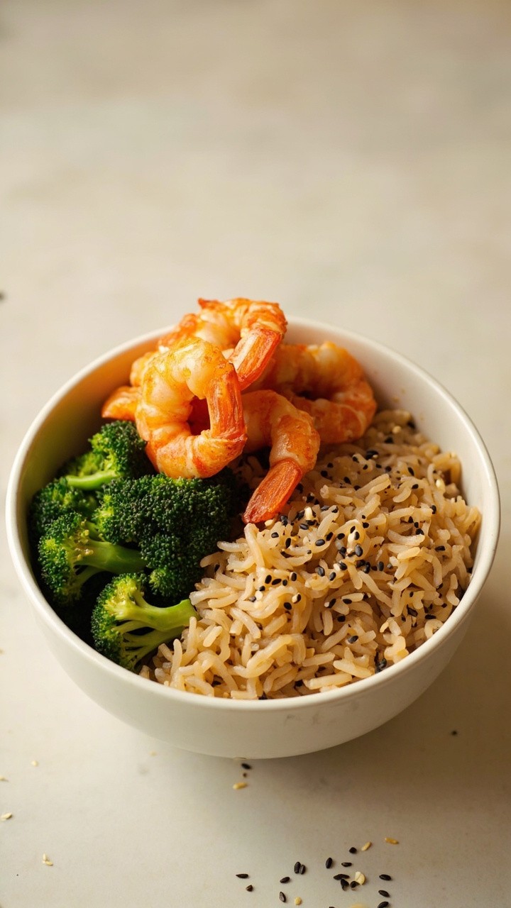 A clean white bowl holding brown rice, bright green steamed broccoli, a mound of golden garlic shrimp, all finished with a sprinkle of sesame seeds. A clean white bowl holding brown rice, bright green steamed broccoli, a mound of golden garlic shrimp, all finished with a sprinkle of sesame seeds.