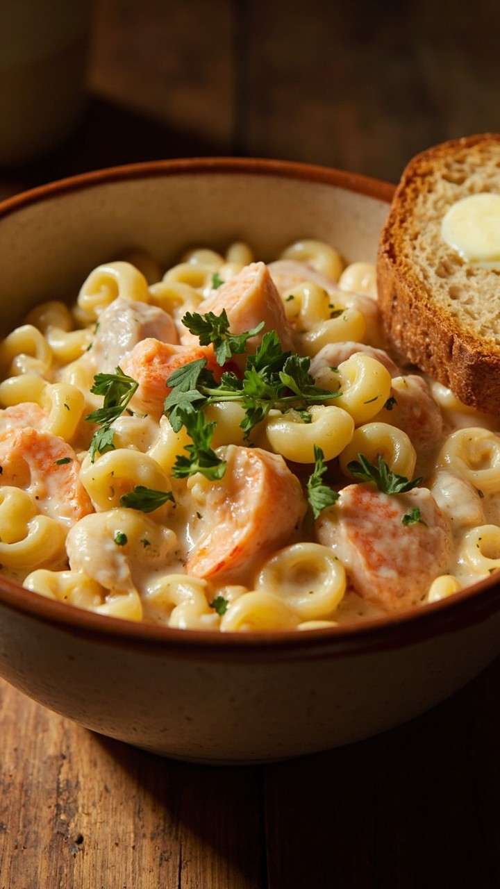A deep ceramic bowl filled with short curly pasta swimming in creamy, thick chowder sauce, chunks of fish, shrimp, and potatoes visible. Scattered fresh parsley adds color. A slice of buttered rye bread is on the side. A deep ceramic bowl filled with short curly pasta swimming in creamy, thick chowder sauce, chunks of fish, shrimp, and potatoes visible. Scattered fresh parsley adds color. A slice of buttered rye bread is on the side.