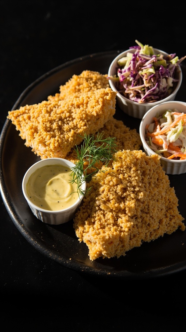 Cod fillets with an extra-thick, craggy crust piled on a round black plate. There’s a ramekin of classic tartar sauce and a few sprigs of dill as a garnish, with a small bowl of coleslaw on the side.