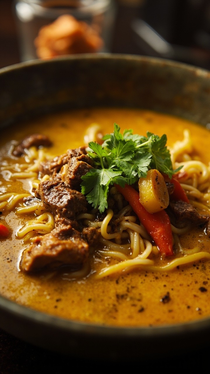 A creamy, golden curry broth cradling ramen noodles, tender chunks of beef, a handful of sautéed carrots and potatoes, crowned with fresh cilantro in a bright bowl.