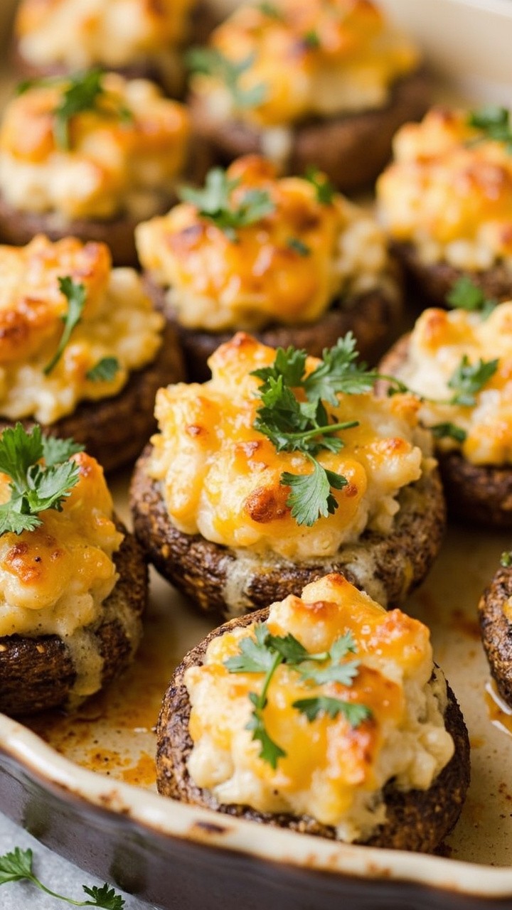 Large button mushrooms, caps stuffed with golden breadcrumb and lobster mixture, arranged in a neat row on a ceramic baking dish, finished with melted cheese and fresh parsley.