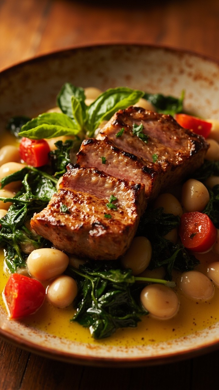 Tuna steak sliced over a warm bed of white beans, wilted spinach, and diced tomatoes, all drizzled with olive oil, served in a wide, shallow ceramic bowl with a few basil leaves on top.