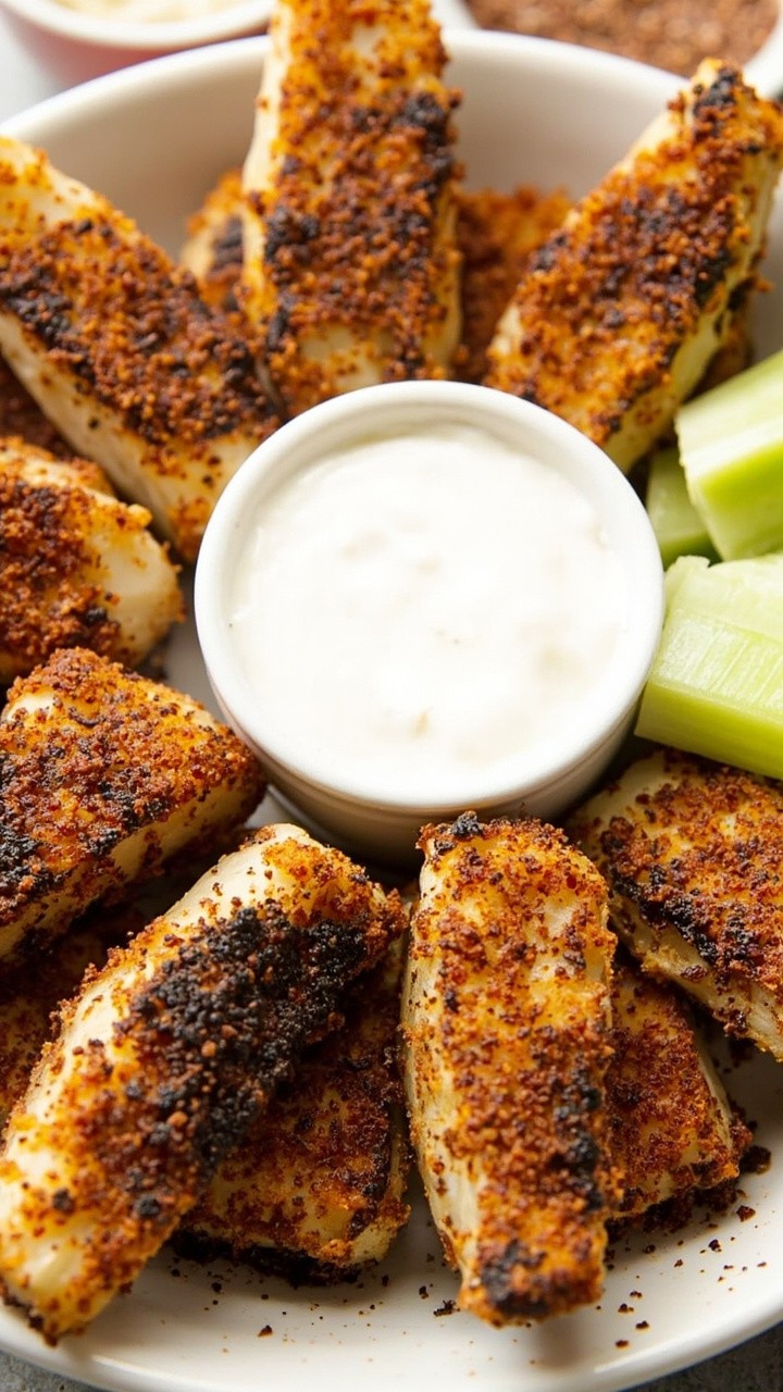 Small, bronzed, lightly charred cod bites placed in a round dish with a creamy ranch dip in the center. There’s a generous dusting of blackening spice on each bite, and celery sticks arranged on the side.