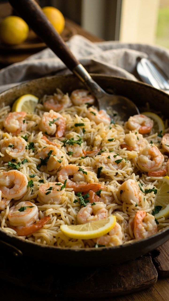 A deep skillet filled with fluffy, lemon-zested white rice, with pink shrimp nestled throughout. The rice is garnished with chopped parsley and extra lemon slices, a serving spoon tucked into the pan. A deep skillet filled with fluffy, lemon-zested white rice, with pink shrimp nestled throughout. The rice is garnished with chopped parsley and extra lemon slices, a serving spoon tucked into the pan.