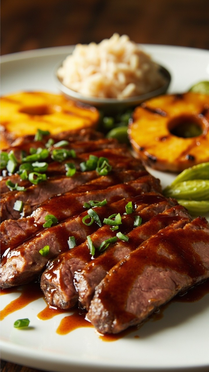 Tuna steak, glazed with a shiny caramelized teriyaki-pineapple sauce, sliced onto a plate, with grilled pineapple rings and a sprinkle of chopped scallions. A scoop of jasmine rice sits to the side.