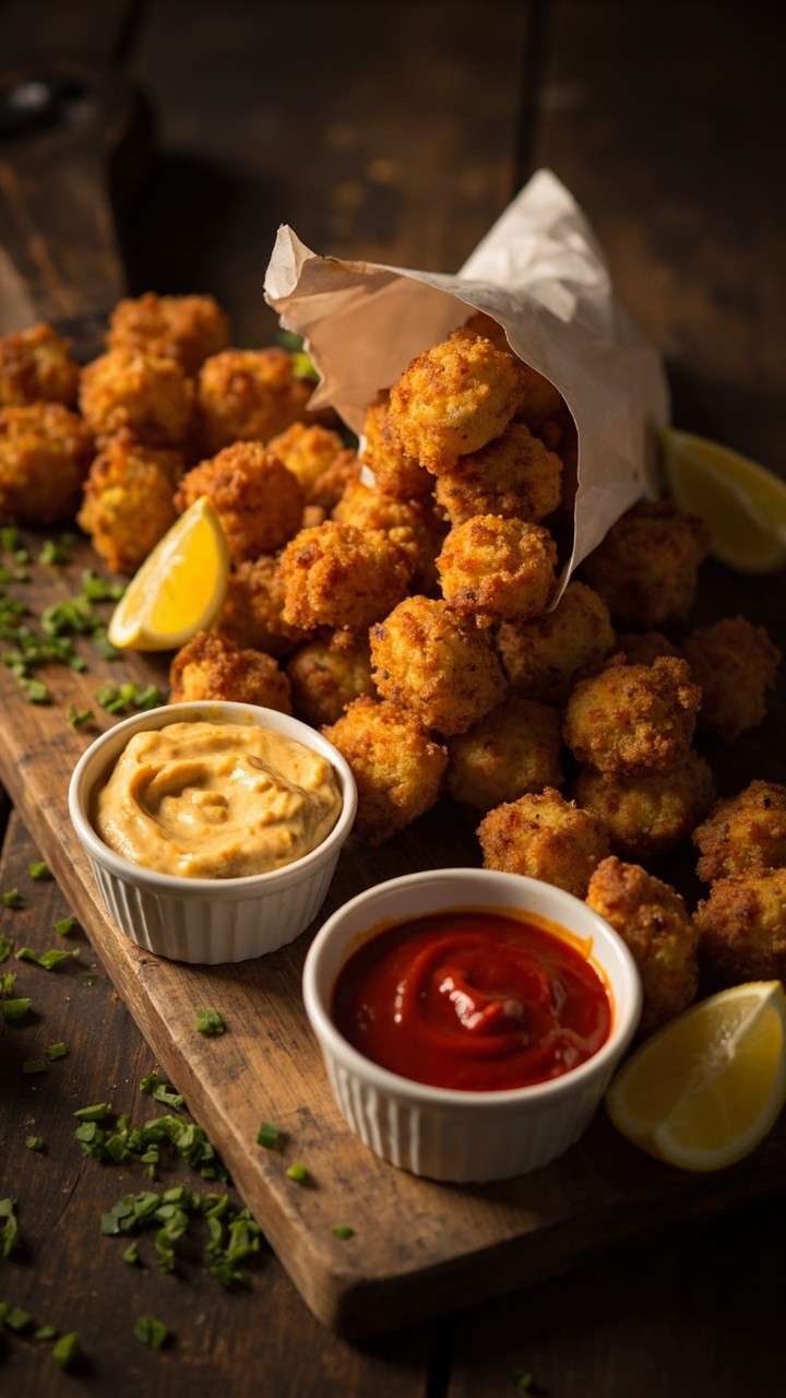 A rustic wooden board with golden-brown cod nuggets piled high. There are two dipping bowls—one with spicy aioli, one with ketchup—and a scattering of chopped chives. Fresh lemon wedges tuck into the corner, and a paper cone adds a playful touch.
