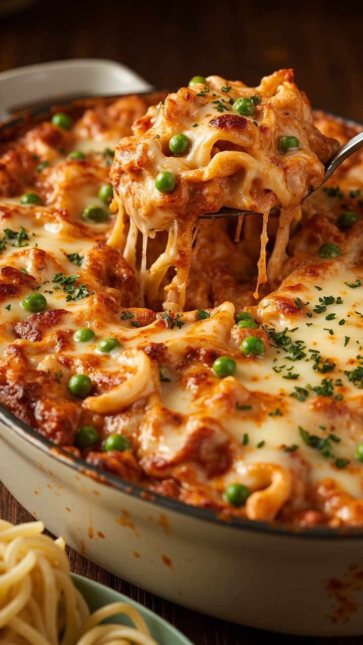 A casserole pan with bubbling, golden cheese on top, fusilli pasta with flaked tuna, and peas visible in a creamy sauce. A scoop plated beside, with strings of melted mozzarella and fresh parsley sprinkled over.