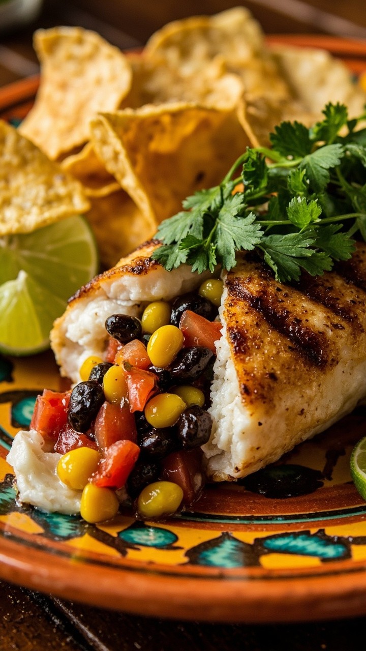Catfish fillet stuffed with a colorful filling of black beans, corn, and diced tomatoes, sprinkled with fresh cilantro and lime wedges. Served with tortilla chips on a bright, fiesta-style plate.