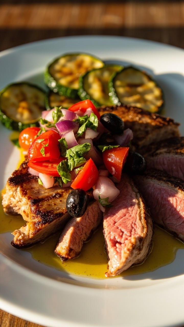 Tuna steak on a white platter, sliced, with a chunky salsa of cherry tomatoes, kalamata olives, diced red onion, and chopped basil on top. Grilled zucchini slices are arranged beside it for a Mediterranean touch.