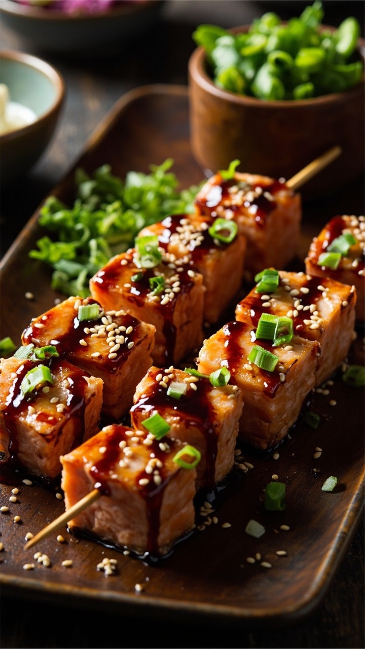 Skewered cubes of grilled salmon, glazed with shiny teriyaki sauce and scattered with sesame seeds, are arranged on a rectangular tray. Each skewer is garnished with chopped scallions and set beside a bowl of steamed edamame.