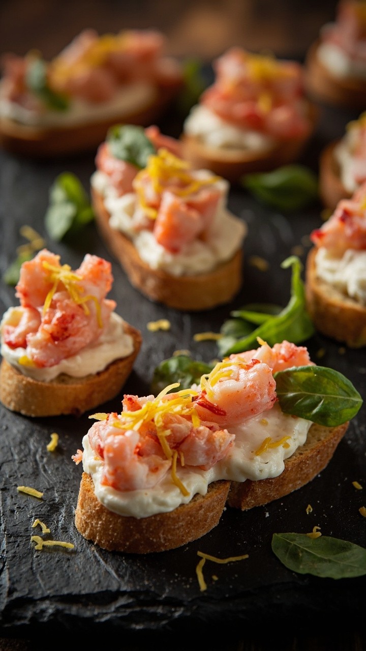 Thin slices of toasted baguette dolloped with creamy ricotta mixture, topped with pieces of lobster and lemon zest, scattered with fresh basil on a slate cheese board.