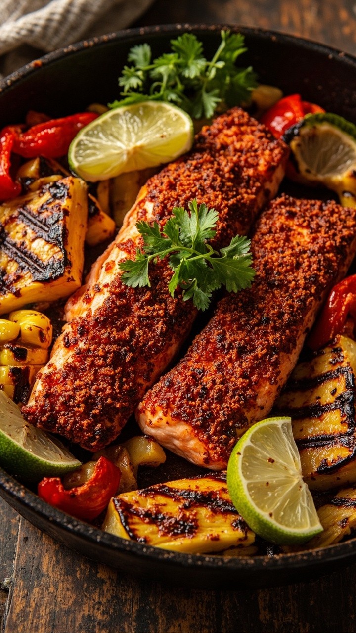 Salmon fillets coated in deep red Cajun spices rest on a black cast-iron platter. Slices of grilled bell pepper and corn round out the sides, with lime wedges tucked in for squeezing. A sprig of cilantro adds a pop of green.