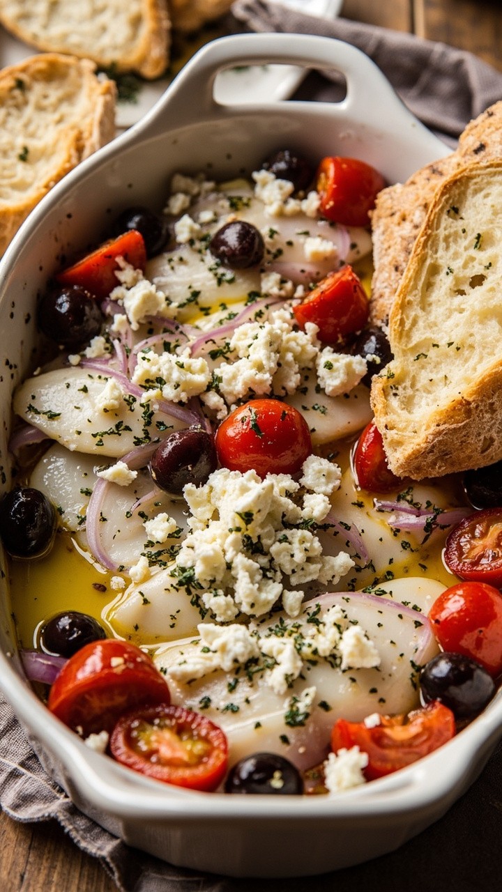 A shallow baking dish with white fish fillets surrounded by halved cherry tomatoes, Kalamata olives, slivers of red onion, and sprinkled oregano. Olive oil pools lightly at the bottom. Served with a handful of crumbled feta and warm crusty bread.