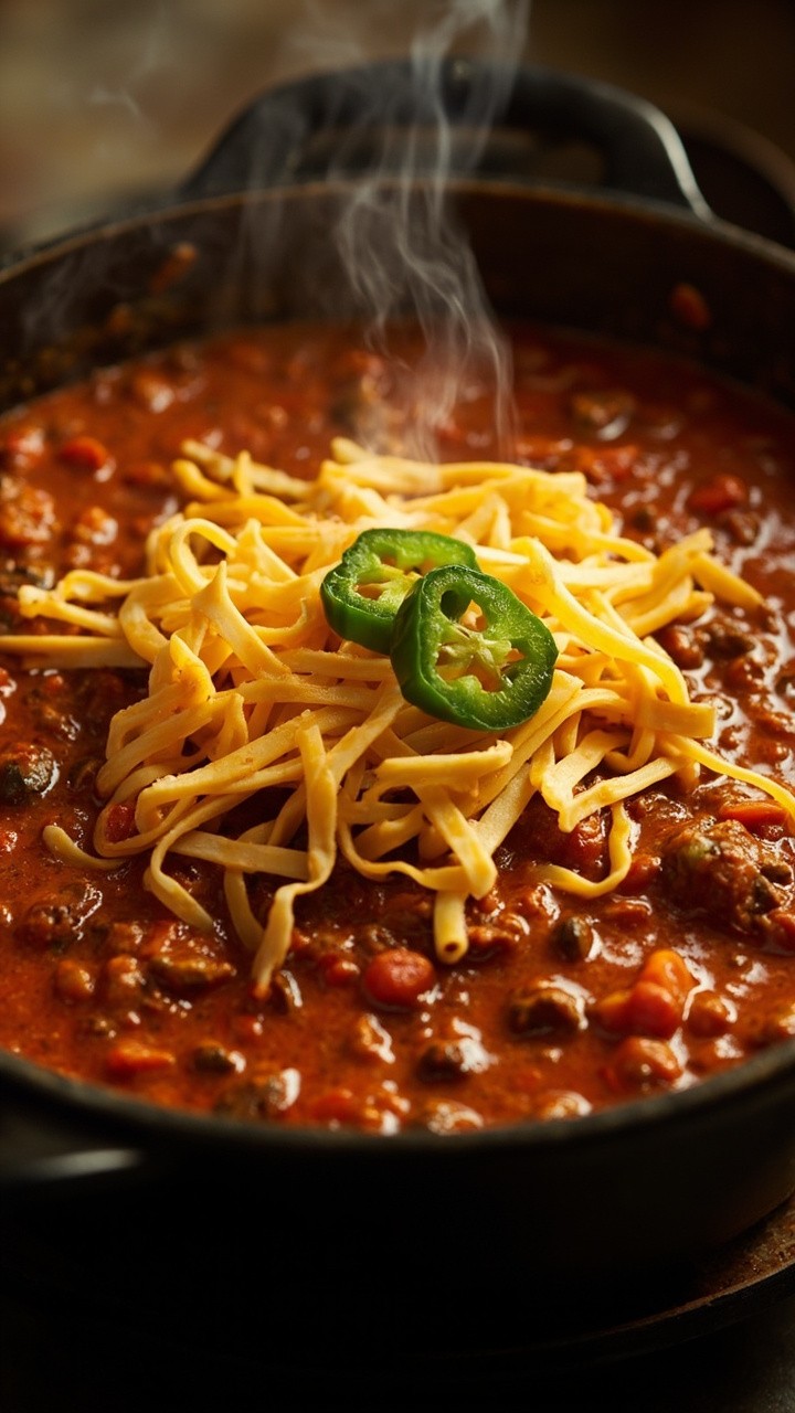 A large dutch oven brimming with chunky beef chili, ramen noodles weaving through the thick red sauce, diced tomatoes and peppers, with a scattering of cheddar cheese and sliced jalapeños on top.