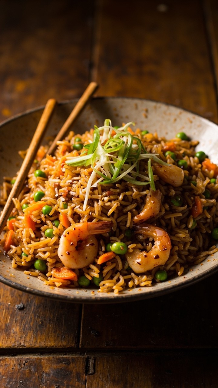 A wide bowl of golden fried rice dotted with shrimp, peas, carrots, and scallions, all glistening from a savory soy sauce. A sprinkle of sesame seeds sits on top. Chopsticks rest alongside the bowl. A wide bowl of golden fried rice dotted with shrimp, peas, carrots, and scallions, all glistening from a savory soy sauce. A sprinkle of sesame seeds sits on top. Chopsticks rest alongside the bowl.